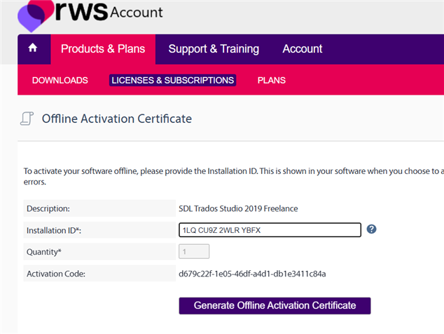 RWS Account page showing the Offline Activation Certificate section with fields for Description, Installation ID, Quantity, and Activation Code, and a button labeled 'Generate Offline Activation Certificate.'
