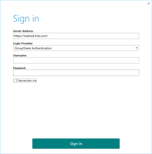 Sign in screen with fields for server address, login provider set to GroupShare Authentication, username, password, and a Remember me checkbox.