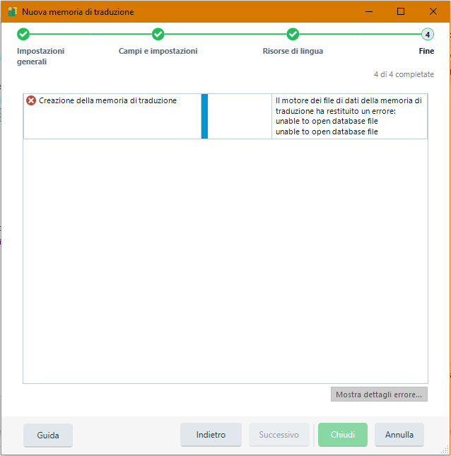 Trados Studio error message during translation memory creation stating 'Il motore dei file di dati della memoria di traduzione ha restituito un errore: unable to open database file'.