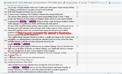 Screenshot of Trados Studio interface showing a PDF file translation with footnotes incorrectly placed in the middle of a page instead of being converted to Word's footnote format.