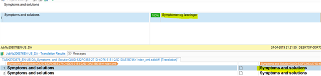 Screenshot of Trados Studio showing the Termbaseviewer with the phrase 'Symptoms and solutions' highlighted, but not implemented in the translation editor below.