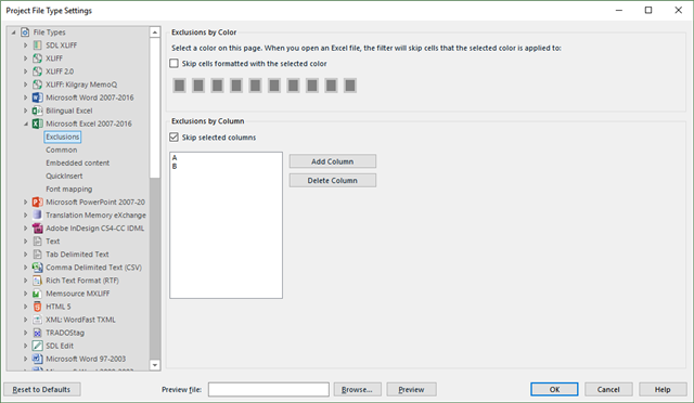 Trados Studio Project File Type Settings window with options for exclusions by color and column in the Microsoft Excel 2007-2016 file type.