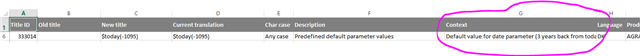 Screenshot of Trados Studio spreadsheet with Column G highlighted, labeled 'Context' and containing context information.