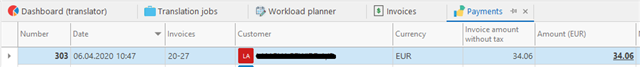 Trados Studio payments window displaying payment for invoice 20-27 on 06.04 with the paid amount of 34.06 EUR circled in red.