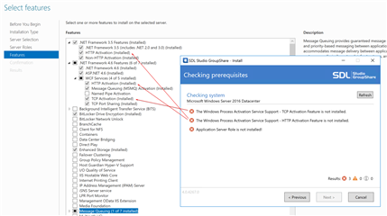 Trados Studio installation error showing 'The Windows Process Activation Service Support - HTTP Activation feature is not installed' and 'Application Server role is not installed'.