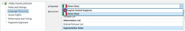 Trados Studio screenshot showing the 'Fields and Settings' menu with 'Language Resources' expanded. 'Language' is set to Italian (Italy) and 'Resources' shows a list including English (United Kingdom) and Italian (Italy) with 'Segmentation Rules' highlighted.
