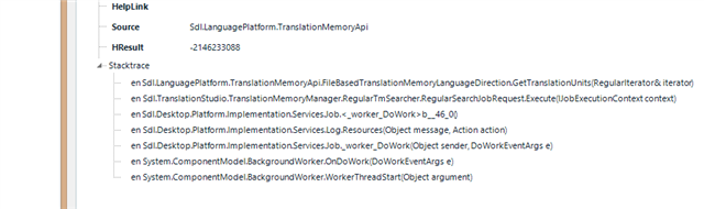 Screenshot of Trados Studio error stacktrace showing 'HelpLink', 'Source', 'HResult', and a list of method calls related to TranslationMemoryApi and ServicesJob.