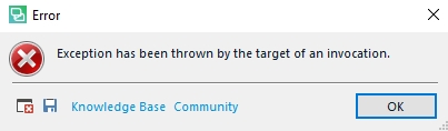 Error dialog box in Trados Studio with a red cross icon, displaying the message 'Exception has been thrown by the target of an invocation.' with 'Knowledge Base' and 'Community' buttons and an 'OK' button.