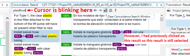 Screenshot showing the cursor blinking in the Concordance Search text entry field of Trados Studio, with a concordance result also selected in blue.