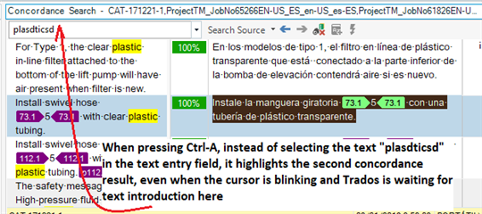 Screenshot demonstrating the issue in Trados Studio where pressing Ctrl+A highlights a concordance result instead of the text in the entry field where the cursor is blinking.