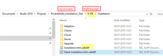 Screenshot of Trados Studio file directory highlighting the target language folder 'fr-FR' and the selected 'Installation' folder within a project.
