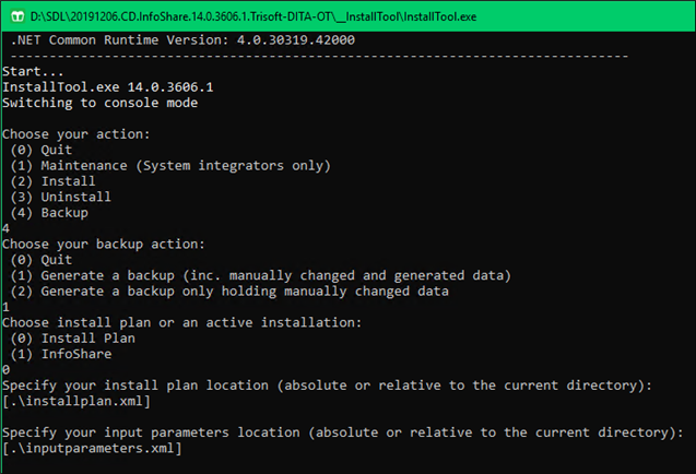 Screenshot of Trados Studio InstallTool.exe console with options to choose actions such as Maintenance, Install, Uninstall, and Backup. Install plan and input parameters locations are specified as relative paths.