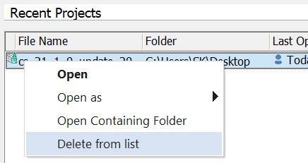 Screenshot showing the 'Recent Projects' section in Trados Studio with a right-click context menu open, displaying options 'Open', 'Open as', 'Open Containing Folder', and 'Delete from list'.