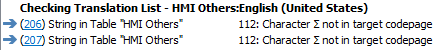 Screenshot of Trados Studio error message displaying 'Checking Translation List - HMI Others:English (United States)' with two errors. Error 206 and 207 both state 'String in Table HMI Others' and '112: Character   not in target codepage'.