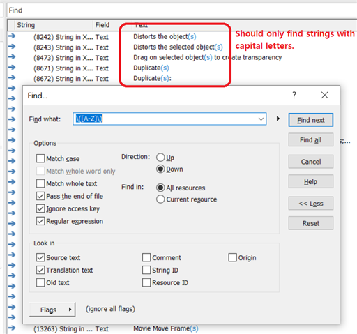 Screenshot of Trados Studio's Find dialog box with a regular expression input of '(A-Z)' highlighted, indicating an attempt to find uppercase letters. A list of strings is visible, with some containing lowercase letters despite the expression.