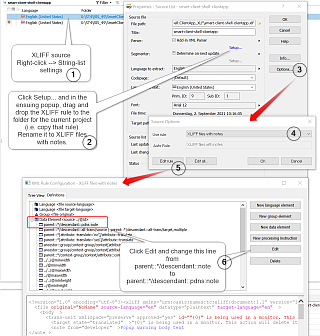 Screenshot of Trados Studio showing a project settings window with a highlighted error message 'Failed to load the file' in the XMLXLIFF settings tab.