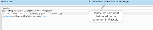 Initial state in Trados Studio P1 showing source file comment in the comments cell before adding a comment in Passolo.