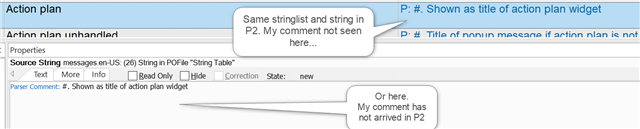 Final state in Trados Studio P2 showing the same stringlist and string as in P1 but the added Passolo comment is not displayed.