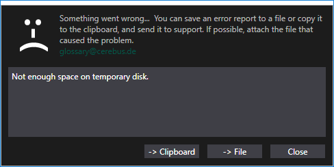 Error message in Trados Studio Glossary Converter stating 'Not enough space on temporary disk.' with options to copy to clipboard, save to file, or close.