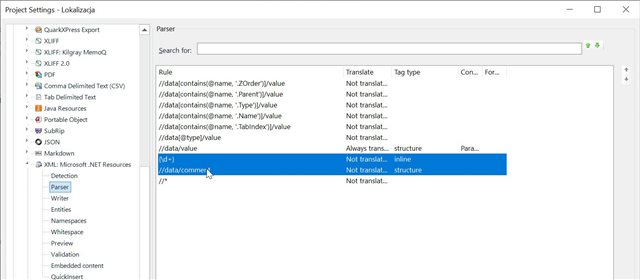 Trados Studio project settings showing parser rules for XML Microsoft .NET resources with non-translatable variables and comments highlighted.