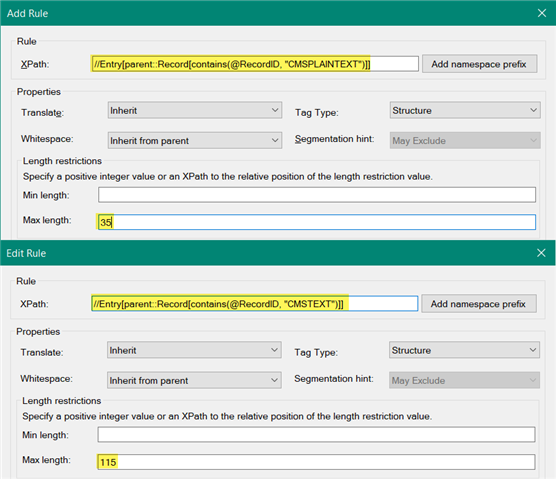 Trados Studio parser rules setup window showing two rules. First rule checks if @RecordID contains 'CMSLAINTEXT' with max length set to 35. Second rule checks if @RecordID contains 'CMSTEXT' with max length set to 115.