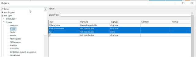 Trados Studio options menu with parser rules for resx file type, highlighting non-translatable elements for variables and comments.