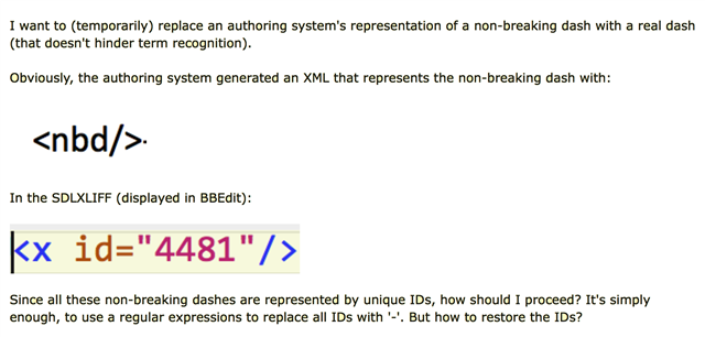 Screenshot showing a text excerpt discussing the replacement of a non-breaking dash with a real dash in an authoring system, including an XML representation and SDLXLIFF code snippet.