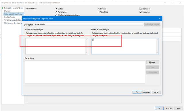 Trados Studio screenshot showing the 'Modify segmentation rule' dialog with an error highlighted in red around the 'Regular expression' fields.