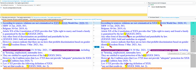 Trados Studio screenshot comparing source and target translation segments with discrepancies highlighted in yellow and blue.