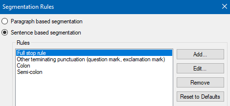 Screenshot of Trados Studio showing Segmentation Rules window with rules like Full stop rule, Other terminating punctuation, Colon, and Semi-colon.