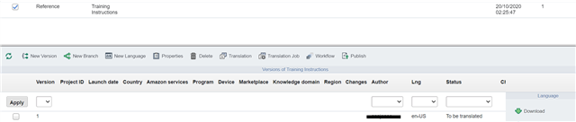 Screenshot of Trados Studio interface showing a reference topic titled 'Training Instructions' with status 'To be translated' in English language.
