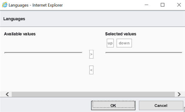 Internet Explorer window titled 'Languages' showing two columns, 'Available values' and 'Selected values' with 'up' and 'down' buttons in between. 'OK' and 'Cancel' buttons are at the bottom.