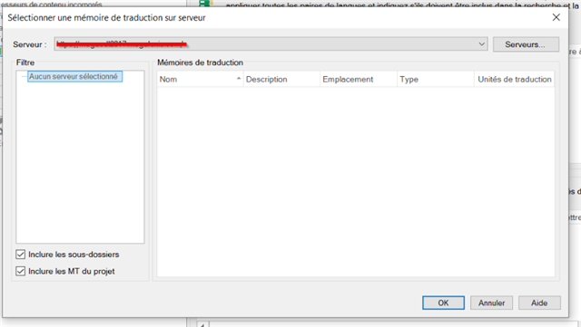 Trados Studio connection screen with an error message 'No server selected' in the server dropdown menu, indicating an issue with server connectivity.