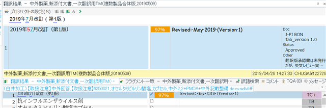 Trados Studio translation memory (TM) view displaying English text in Comic Sans MS font, despite the source text being in Japanese and not reflecting the font change.