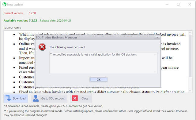 Trados Studio update window showing current version 5.2.10 and available version 5.2.22 with an error message stating 'The specified executable is not a valid application for this OS platform.'