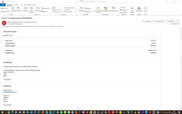 Screenshot of Trados Studio showing an overview of a payment with details such as billing date, total amount, and recipient information in German language.