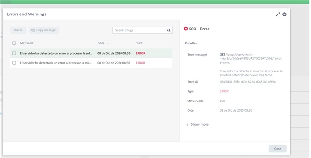 Screenshot of an error log in a software interface showing two identical error messages stating 'El servidor ha detectado un error al procesar la solicitud.' with a timestamp of '08 de Dic de 2020 08:36' and labeled as 'ERROR'.
