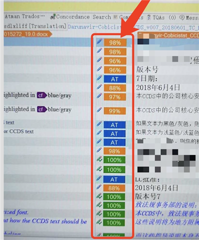 Screenshot of Trados Studio showing a list with 'AT' representing the translation engine and percentages indicating match accuracy. The 'AT' and percentages are displayed in a column with customizable background colors.