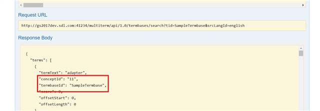 Screenshot of Trados Studio API call response with highlighted termText 'adapter', conceptId '11', and termbaseId 'SampleTermbase'.