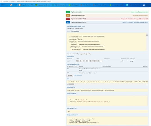 Screenshot of Trados Studio error message when accessing Translation Memory, showing ErrorCode ServiceError and a message indicating an error processing the request.