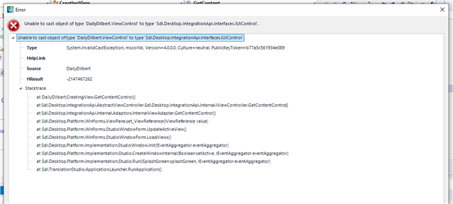 Error message in Trados Studio identical to alt_text_3, indicating a persistent issue with casting object types.