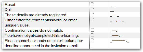 Screenshot of Trados Studio pseudo-translation output with underscores as prefix and suffix, spaces and punctuation unchanged, indicating an issue with character representation.
