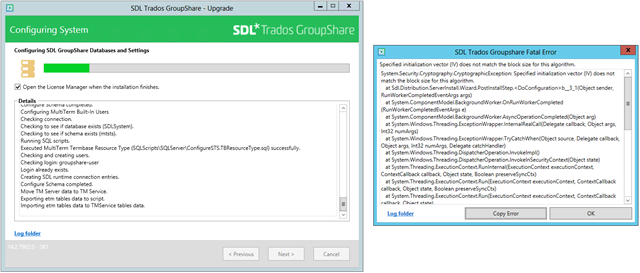 Screenshot of SDL Trados GroupShare Upgrade process with a 'Configuring System' dialog box showing steps being executed such as 'Checking SQL Server version' and 'Configuring system components'.