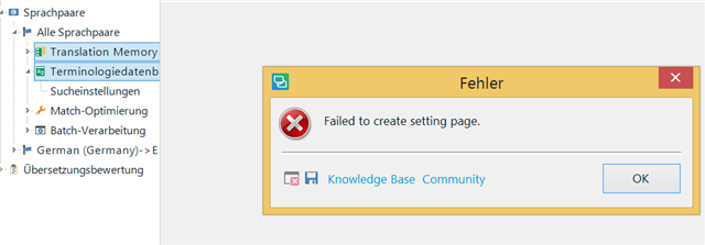 Trados Studio error message box saying 'Failed to create setting page' with options for Knowledge Base and Community.