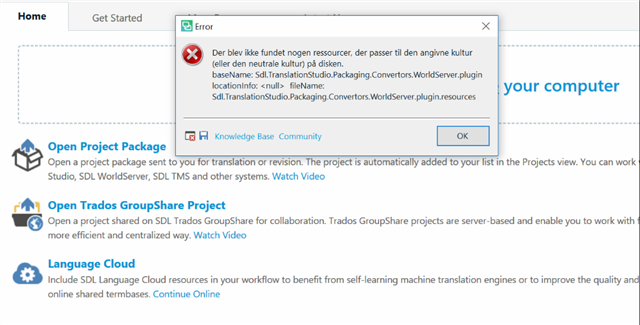Error message in Trados Studio stating 'There were no resources found that match the given culture' with details about missing Sdl.TranslationStudio.Packaging.Converters.WordServer.plugin.resources.