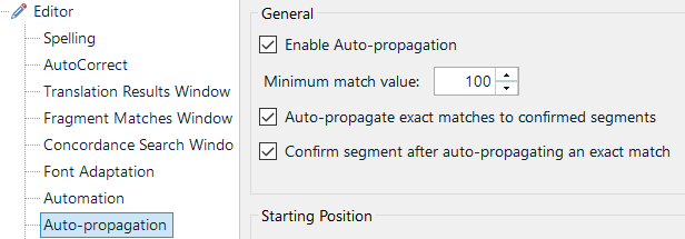 Trados Studio settings showing 'Enable Auto-propagation' checked with 'Minimum match value' set to 100.