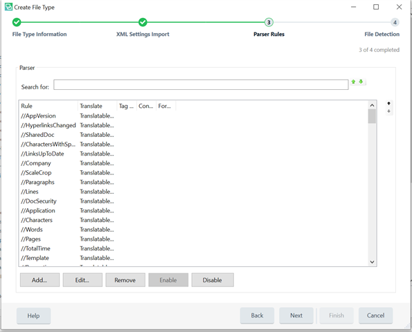 Trados Studio screenshot displaying Parser Rules with various XML elements like AppVersion and HyperlinksChanged marked as translatable.