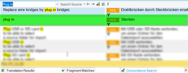 Screenshot of Trados Studio concordance search window showing a 95% match for the term 'plug in' associated with product B.