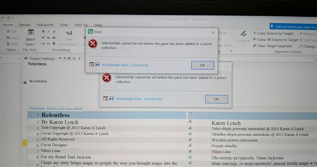 Screenshot of Trados Studio 2019 showing two error messages. The first says 'Selected tab cannot be set before the pane has been added to a panes collection' and the second is identical. Both have an OK button.