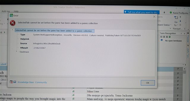 Error dialog box in Trados Studio stating 'SelectedTab cannot be set before the pane has been added to a panes collection.' with an 'OK' button.